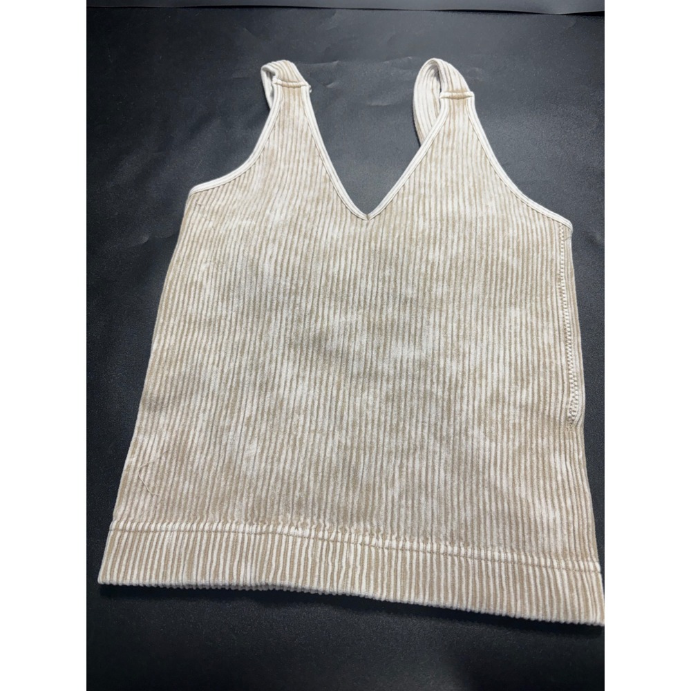 Zenana NEW Womens Ribbed‎ Mineral Wash V-Neck Padded Tank Top Beige Size L/XL